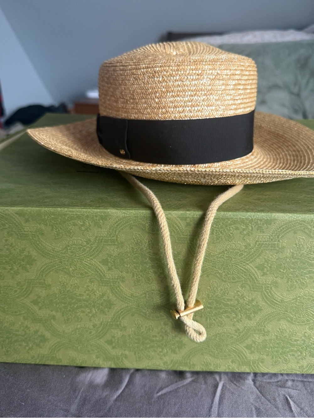 Gucci Men's Straw Boater Hat with Black Band and Chin Cord